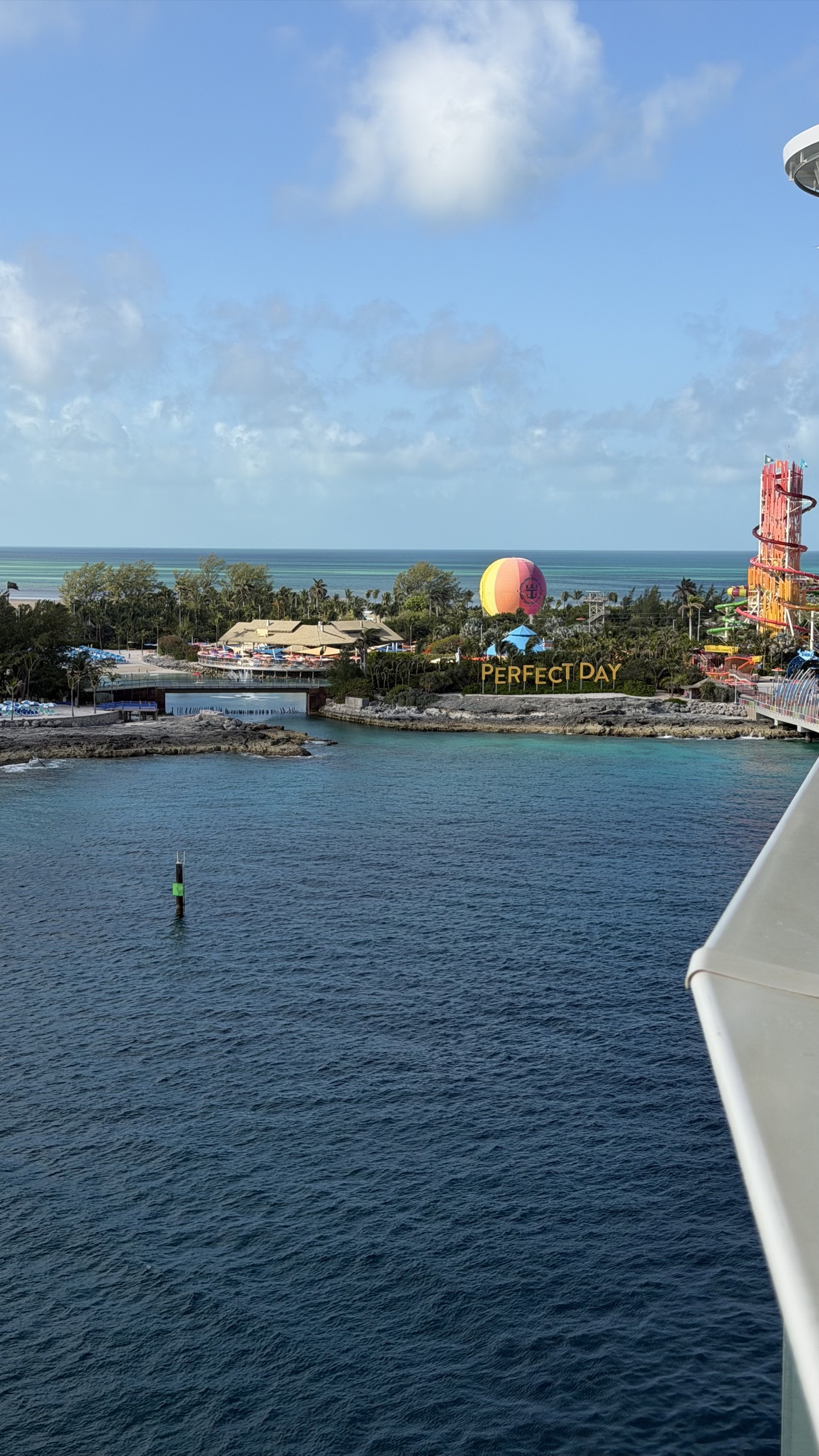 View of Perfect Day at CocoCay with the helium balloon, seen from the ship's top deck