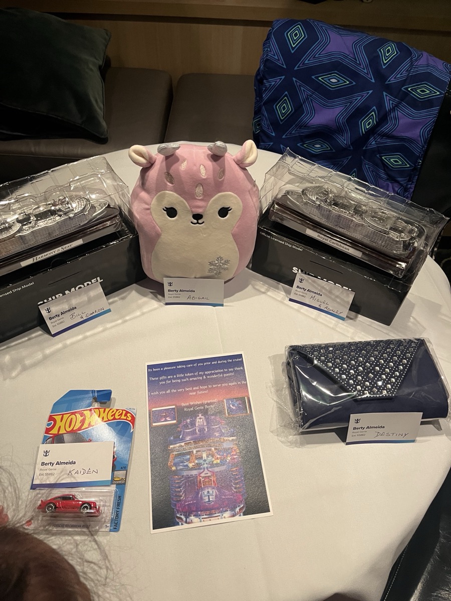 Berty's farewell gifts laid out on a table, Harmony of the Seas ship model, pink Squishmallow, Hot Wheels car, navy beaded clutch, blue scarf, and handwritten note from Royal Genie Berty, with a name placard for every member of the group