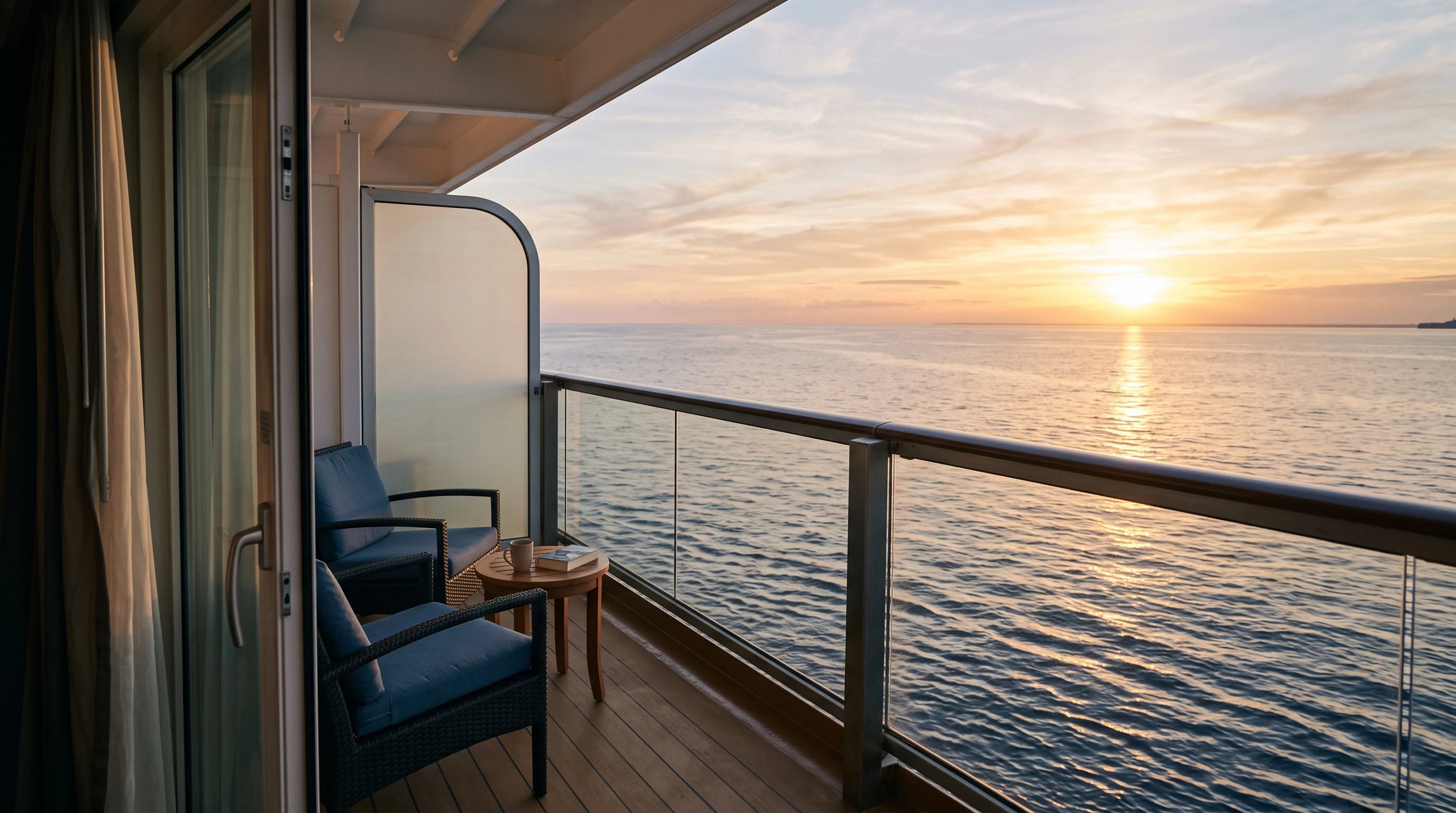 A cruise ship balcony with two chairs and a small table holding a coffee mug and a book, ocean and sunset beyond the glass railing
