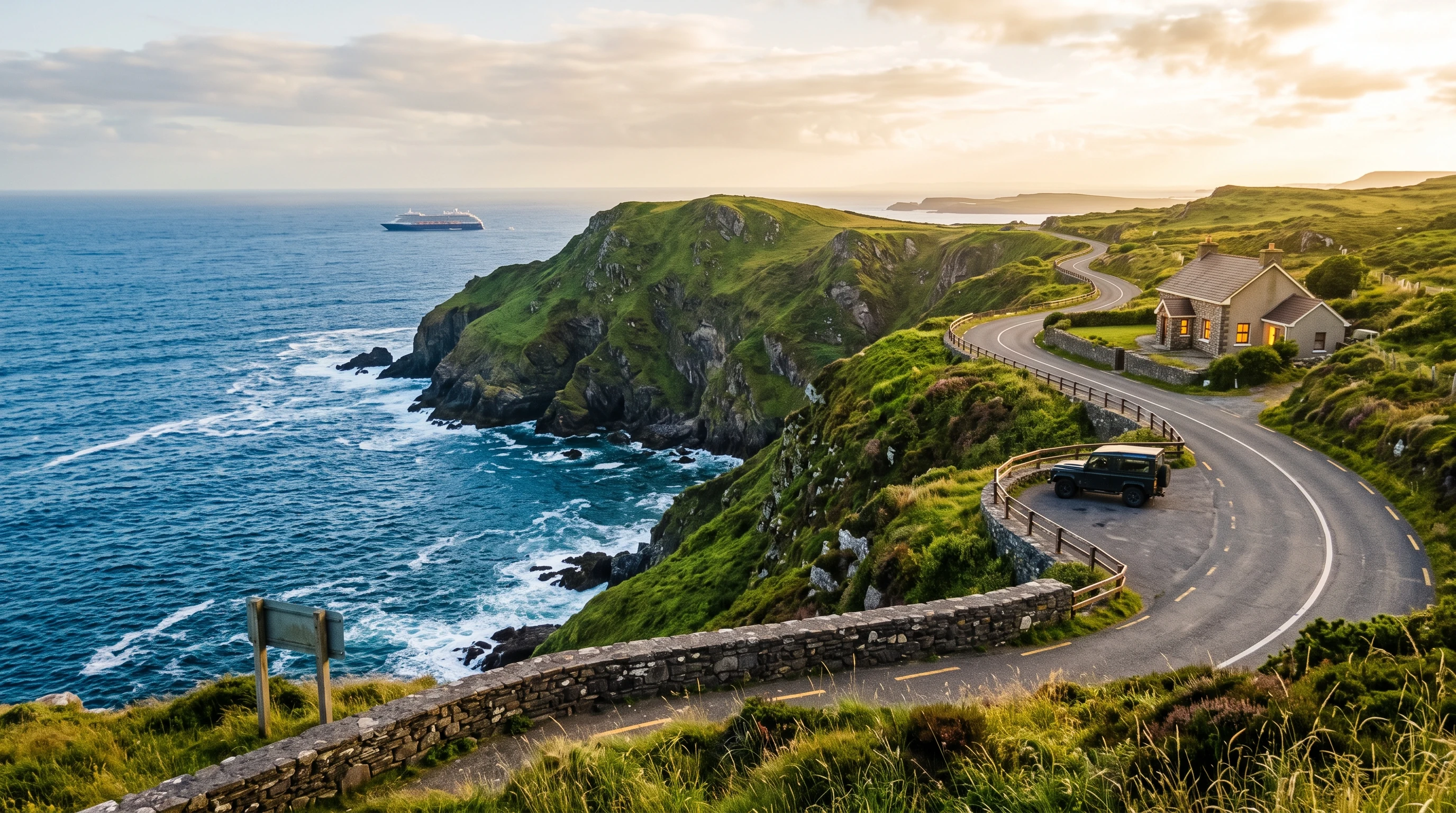 A winding coastal road along dramatic green cliffs above the ocean, with a cruise ship visible out at sea
